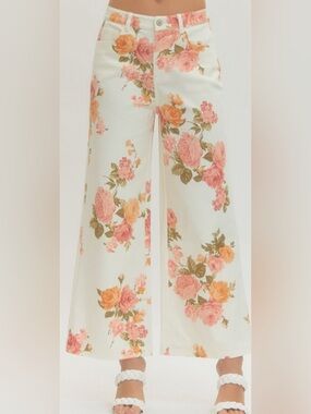 NWT Cream Floral Ankle-Cropped Denim Jeans with Pink & Peach Roses M or L
